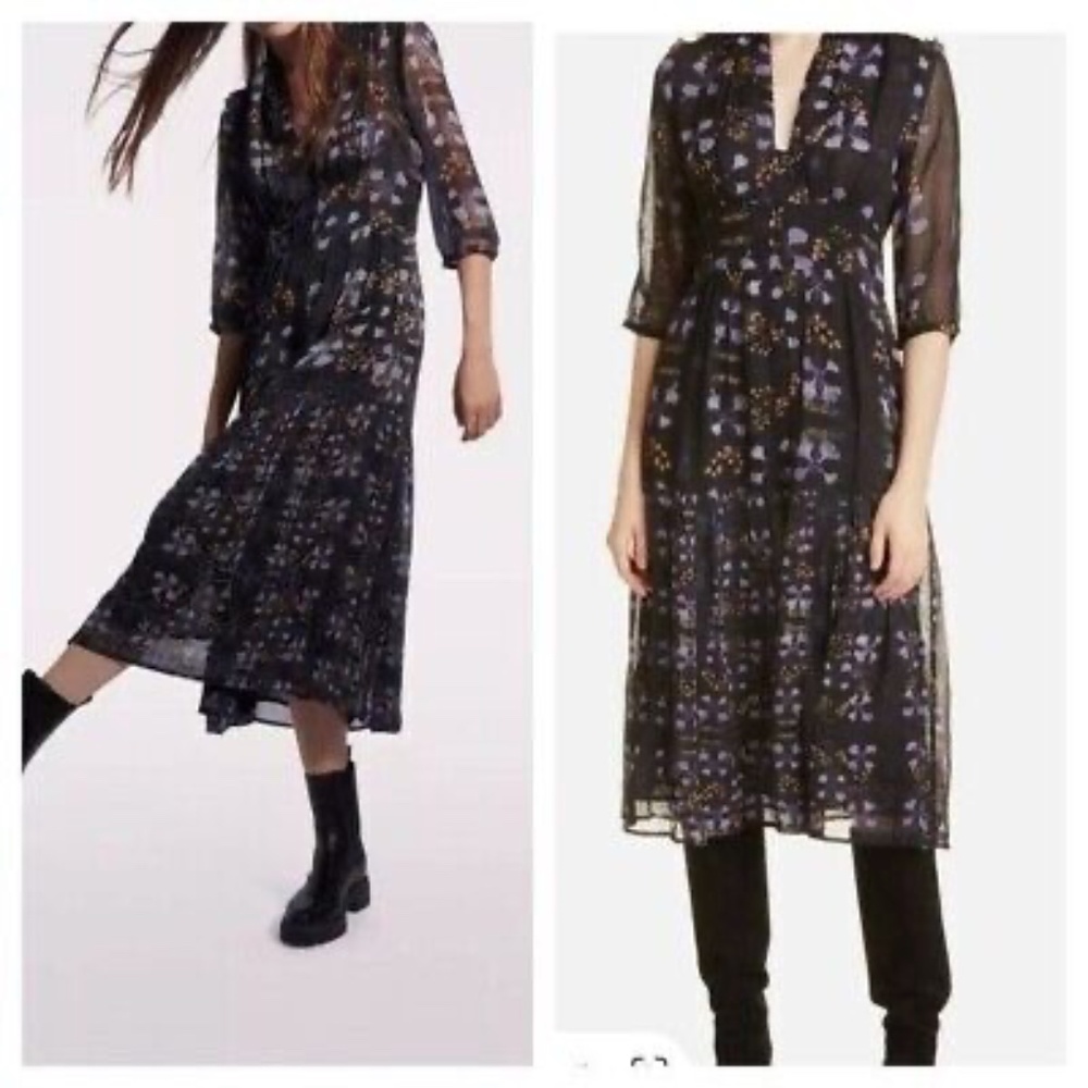 ba&sh Black Midi Dress with Purple Floral Print